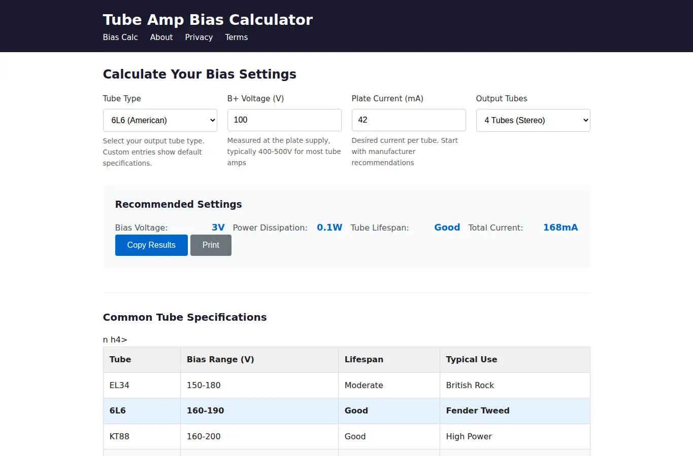 Screenshot of Tube Amp Bias Calculator interface showing the project page in use